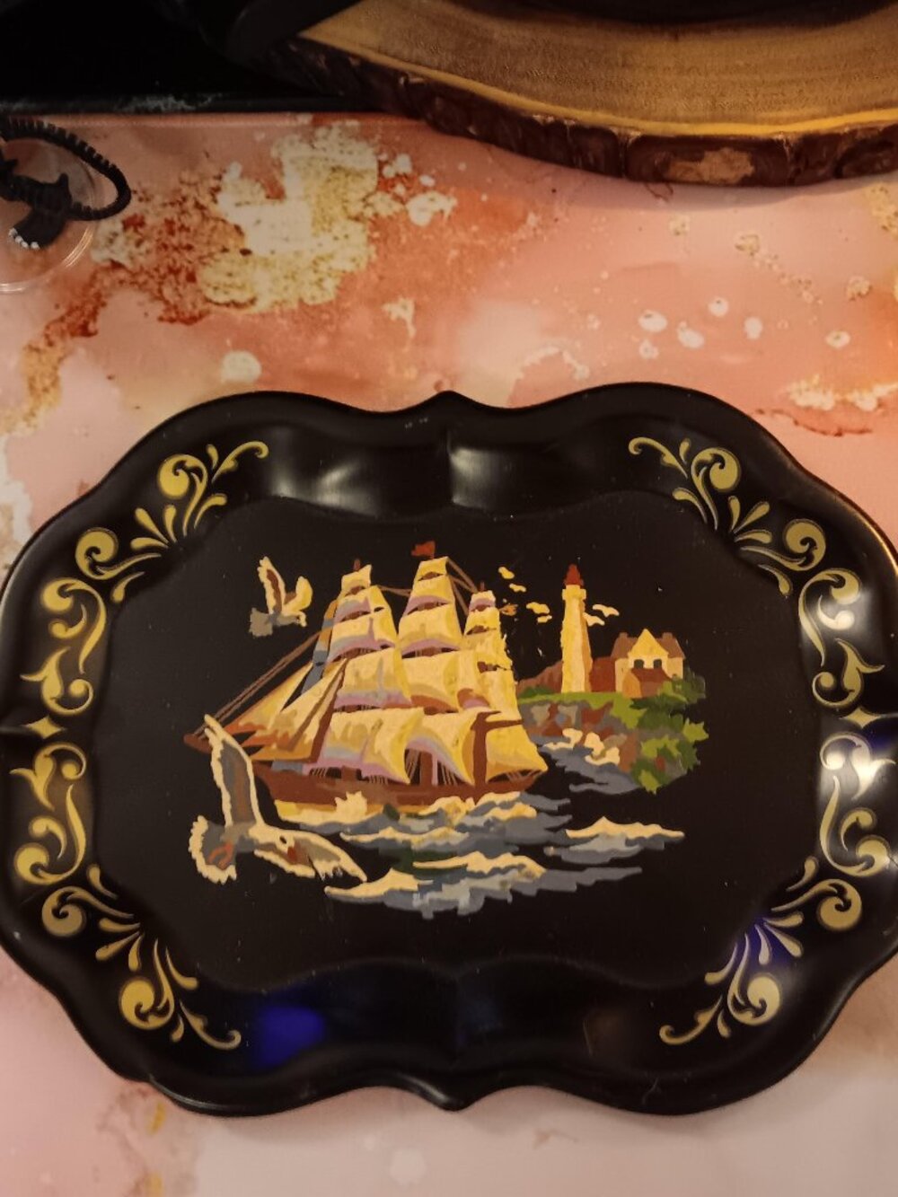 Vintage Hand Painted Ship Lighthouse nautical theme ~~ metal Tray LQQK~ZEE!!